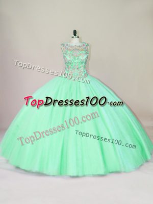 Best Selling Apple Green Ball Gowns Beading 15 Quinceanera Dress Lace Up Tulle Sleeveless Floor Length