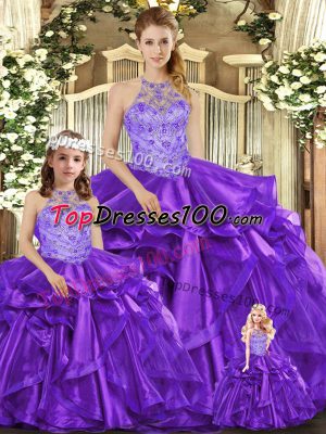 Noble Organza Halter Top Sleeveless Lace Up Beading and Ruffles Ball Gown Prom Dress in Purple