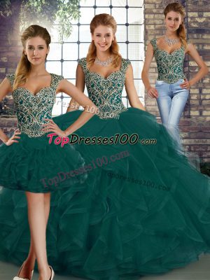 Straps Sleeveless Lace Up Quinceanera Gown Peacock Green Tulle