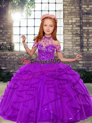 Beautiful High-neck Sleeveless Tulle Pageant Gowns For Girls Beading and Ruffles Lace Up