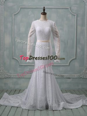 Best Selling Scoop Long Sleeves Wedding Gowns Court Train Lace and Belt White Lace
