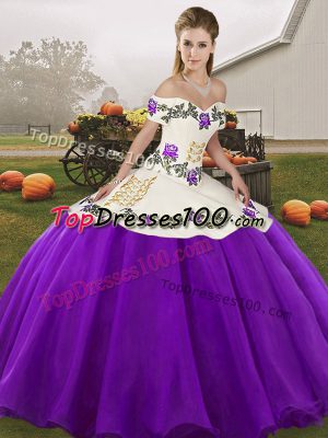 Most Popular Floor Length White And Purple 15 Quinceanera Dress Organza Sleeveless Embroidery