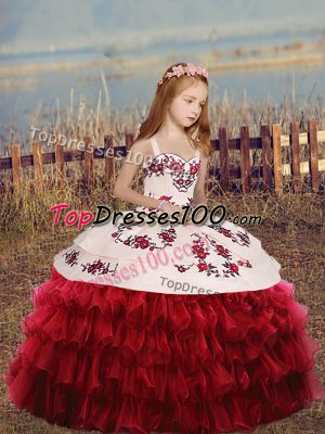 Red Ball Gowns Straps Long Sleeves Organza Floor Length Lace Up Embroidery and Ruffled Layers Pageant Dress for Womens