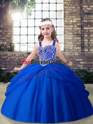 Custom Made Royal Blue Straps Neckline Beading Little Girls Pageant Dress Sleeveless Lace Up