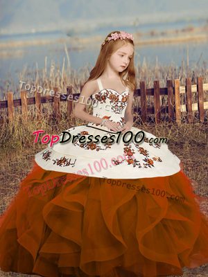 Sleeveless Floor Length Embroidery and Ruffles Lace Up Kids Pageant Dress with Rust Red