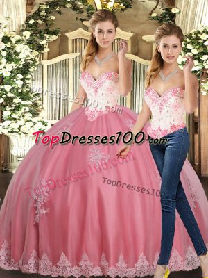 Watermelon Red 15 Quinceanera Dress Sweet 16 and Quinceanera with Beading and Appliques Sweetheart Sleeveless Lace Up