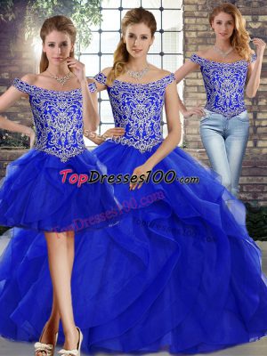 Custom Made Royal Blue Off The Shoulder Neckline Beading and Ruffles Sweet 16 Quinceanera Dress Sleeveless Lace Up