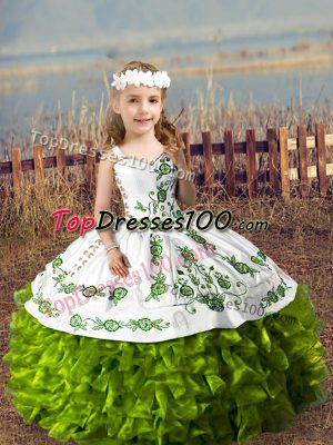 Hot Selling Olive Green Organza Lace Up Little Girl Pageant Gowns Sleeveless Floor Length Embroidery and Ruffles