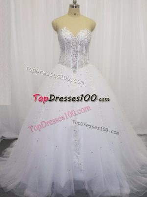 Tulle Sleeveless Wedding Gown Court Train and Beading and Appliques