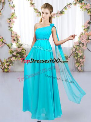 Latest Floor Length Aqua Blue Quinceanera Court Dresses Chiffon Sleeveless Beading and Hand Made Flower