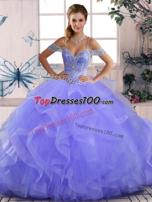 Smart Lavender Tulle Lace Up Off The Shoulder Sleeveless Asymmetrical Vestidos de Quinceanera Beading and Ruffles