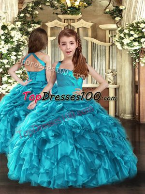 Nice Straps Sleeveless Girls Pageant Dresses Floor Length Ruffles and Ruching Baby Blue Organza