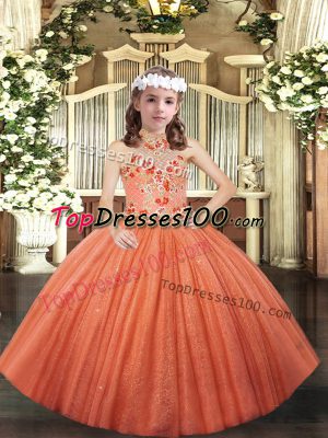 Enchanting Orange Pageant Gowns Party and Sweet 16 and Wedding Party with Appliques Halter Top Sleeveless Lace Up