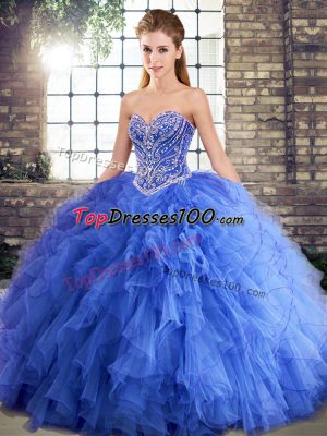 Pretty Blue Sleeveless Beading and Ruffles Floor Length Sweet 16 Dresses