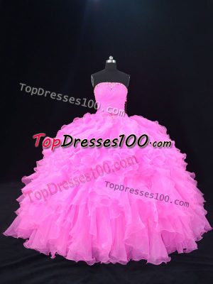 Beading and Ruffles 15 Quinceanera Dress Pink and Rose Pink Lace Up Sleeveless Floor Length