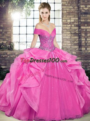 Wonderful Rose Pink Sleeveless Organza Lace Up 15th Birthday Dress for Military Ball and Sweet 16 and Quinceanera