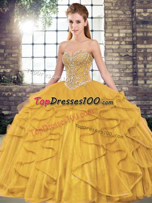 Designer Tulle Sweetheart Sleeveless Lace Up Beading and Ruffles Quinceanera Dresses in Gold