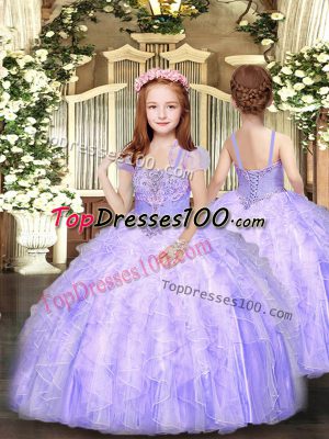 Stunning Sleeveless Floor Length Beading and Ruffles Lace Up Pageant Dress for Teens with Lavender