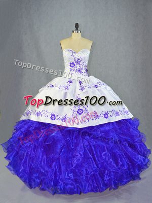 Eye-catching Sleeveless Organza Brush Train Lace Up Quinceanera Dress in Blue And White with Beading and Embroidery and Ruffles