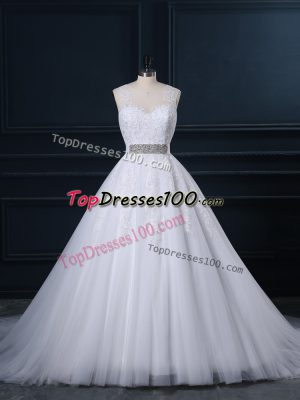 Best Selling Tulle Scoop Sleeveless Court Train Zipper Beading and Lace Wedding Dress in White