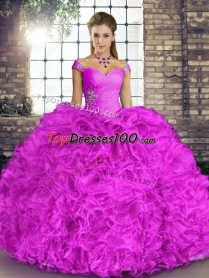 Super Floor Length Lilac Quince Ball Gowns Organza Sleeveless Beading and Ruffles