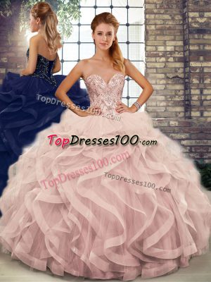 Floor Length Lace Up Ball Gown Prom Dress Pink for Military Ball and Sweet 16 and Quinceanera with Beading and Ruffles
