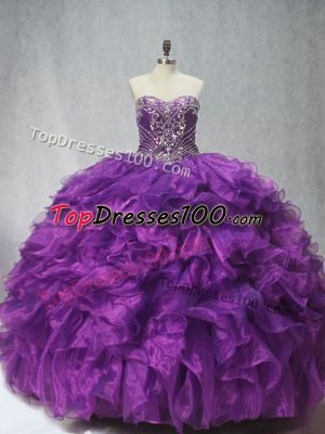 High Quality Ball Gowns Sleeveless Purple Quince Ball Gowns Brush Train Lace Up