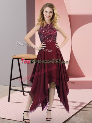 Burgundy High-neck Zipper Beading and Sequins Prom Party Dress Sleeveless