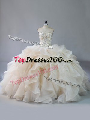 Custom Design Brush Train Ball Gowns Sweet 16 Quinceanera Dress Champagne Sweetheart Organza Sleeveless Lace Up