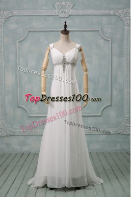 Great White Sleeveless Brush Train Beading Wedding Gowns