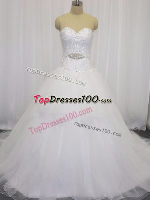 Organza Sweetheart Sleeveless Court Train Clasp Handle Beading and Lace Wedding Gown in White