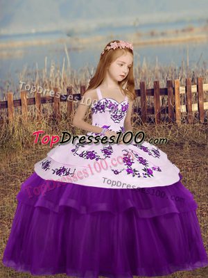 Custom Fit Sleeveless Tulle Floor Length Lace Up Pageant Gowns For Girls in Eggplant Purple with Embroidery