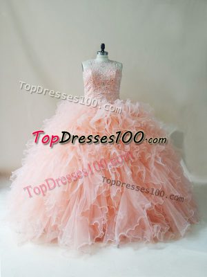 Chic Peach Scoop Neckline Beading and Ruffles Quinceanera Gown Sleeveless Lace Up
