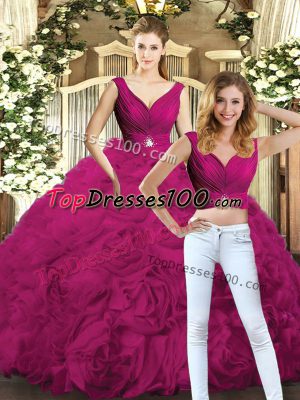 Customized Fuchsia Backless V-neck Beading Quinceanera Gowns Fabric With Rolling Flowers Sleeveless