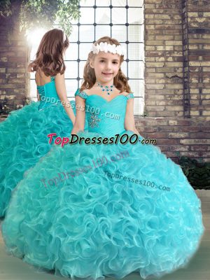 Beautiful Aqua Blue Ball Gowns Fabric With Rolling Flowers Straps Sleeveless Beading and Ruching Floor Length Lace Up Little Girls Pageant Dress