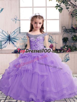 Eye-catching Sleeveless Tulle Floor Length Lace Up Pageant Dress for Womens in Lavender with Beading and Ruffles