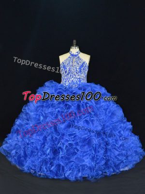 Stylish Royal Blue Organza Lace Up Halter Top Sleeveless Floor Length Ball Gown Prom Dress Beading and Ruffles