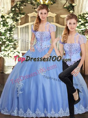 Comfortable Floor Length Light Blue Quince Ball Gowns Strapless Sleeveless Lace Up