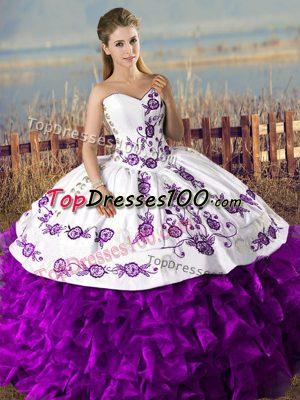 Noble Floor Length Ball Gowns Sleeveless White And Purple Ball Gown Prom Dress Lace Up