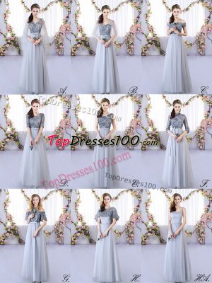 Noble Grey Lace Up Bridesmaid Dresses Appliques Sleeveless Floor Length