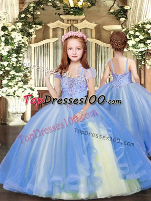 Straps Sleeveless Lace Up Pageant Dress Blue Tulle