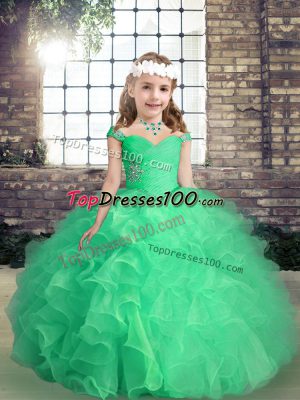 Beading and Ruffles and Ruching Kids Pageant Dress Apple Green Lace Up Sleeveless Floor Length