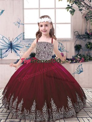 Floor Length Lace Up Pageant Dress Toddler Burgundy for Party and Wedding Party with Beading and Embroidery