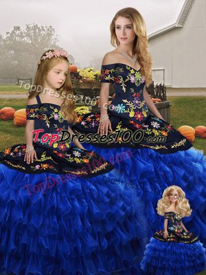 Blue And Black Off The Shoulder Lace Up Embroidery and Ruffled Layers Sweet 16 Dress Sleeveless