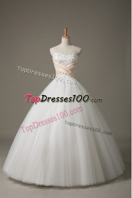 Modern Sleeveless Tulle Floor Length Lace Up Wedding Dress in White with Beading and Lace