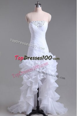 Beautiful White Mermaid Beading and Ruffles Wedding Dresses Zipper Organza Sleeveless High Low