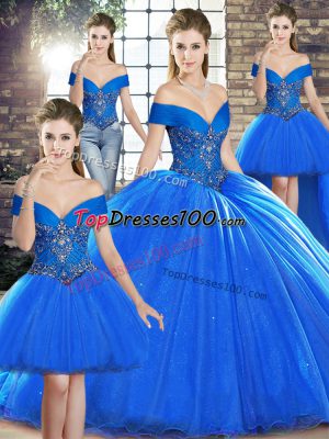 Vintage Royal Blue Ball Gowns Off The Shoulder Sleeveless Organza Brush Train Lace Up Beading Sweet 16 Dresses