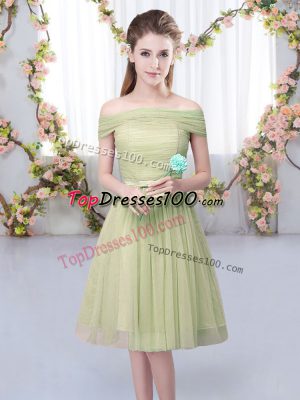 Free and Easy Olive Green Empire Tulle Off The Shoulder Short Sleeves Belt Knee Length Lace Up Bridesmaid Dress