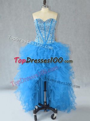 Sleeveless Organza High Low Lace Up Celebrity Dress in Aqua Blue with Beading and Ruffles