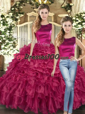 Scoop Sleeveless Lace Up 15 Quinceanera Dress Fuchsia Organza